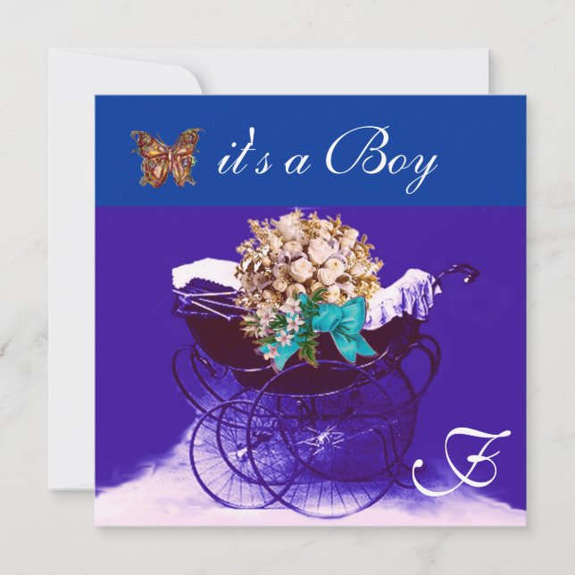 Invitation PRAM vintage, FLEURS, BETTERFLIES BÉBÉ GARÇON DOUC (Devant)