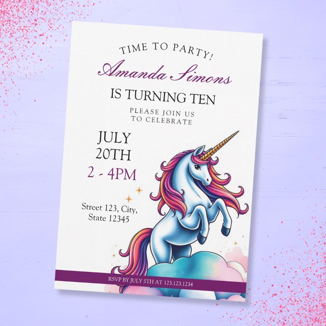 Invitation Prancing Unicorn Sparkle Girl 10th Birthday (Créateur téléchargé)