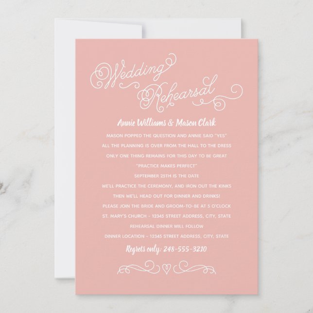 Invitation Pratique Fait Parfait Blush Pink Rehearer Dîner (Devant)