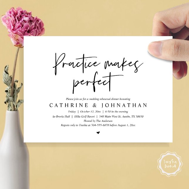 Invitation Pratique rend parfait, Dîner de répétition Mariage (Practice Makes Perfect, Wedding Rehearsal Dinner Invitation Card, PDF, Modern Casual, Black White)