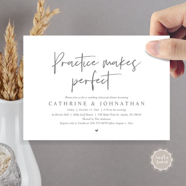 Invitation Pratique rend parfait, Dîner de répétition Mariage (Practice Makes Perfect, Wedding Rehearsal Dinner Invitation Card, PDF, Modern Casual, Dark Grey)