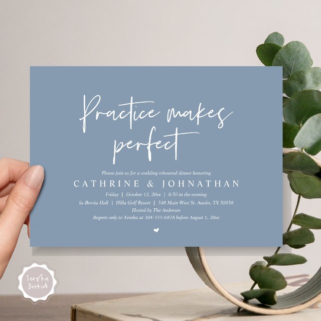 Invitation Pratique rend parfait, Dîner de répétition Mariage (Practice Makes Perfect, Wedding Rehearsal Dinner Invitation Card, PDF, Modern Casual, Dusty Blue)