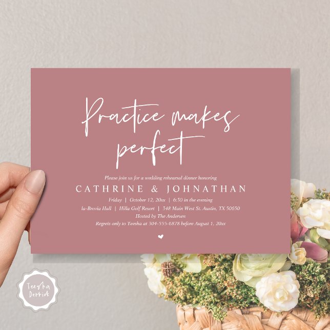 Invitation Pratique rend parfait, Dîner de répétition Mariage (Practice Makes Perfect, Wedding Rehearsal Dinner Invitation Card, PDF, Modern Casual Dusty Rose Pink)