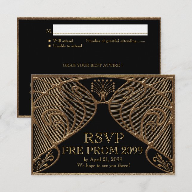 Invitation PRE PROM RSVP, Great Gatsby, or sur noir (Devant / Derrière)