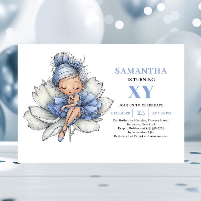 Invitation Précieuse Fée Bleue Fille 5ème Anniversaire Pastel (Precious Blue Fairy Girl 5th Birthday Pastel invitation)