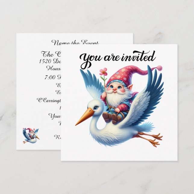 Invitation Précieux cigogne et Gnome (Devant / Derrière)