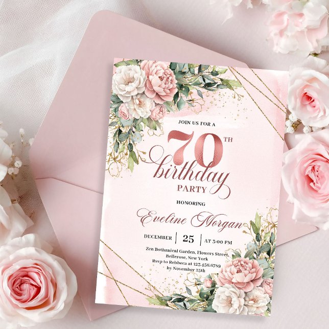 Invitation Precious Light Pink Bohemian Floral 70th Birthday  (Precious Light Pink Bohemian Floral 70th Birthday Invitation)