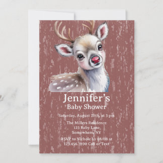 Invitation Precious White Reindeer Red Shiny Nose Baby Shower