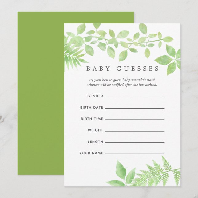 Invitation Prédictions de bébé pour Baby Shower avec verdure  (Devant / Derrière)
