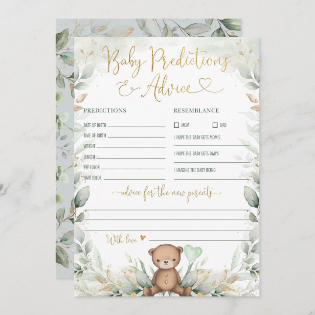 Invitation Prédictions et conseils pour bébé Teddy Bear Green (Devant / Derrière)