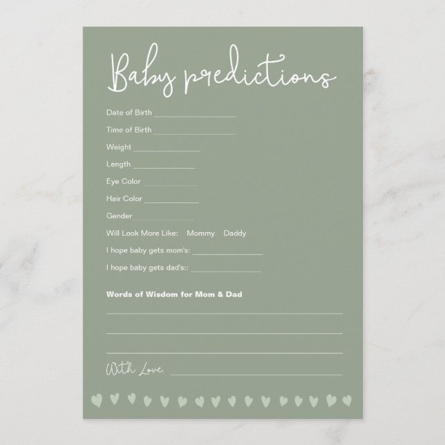 Invitation Prédictions pour bébé Jeu pour Baby Shower Vert sa (Devant)