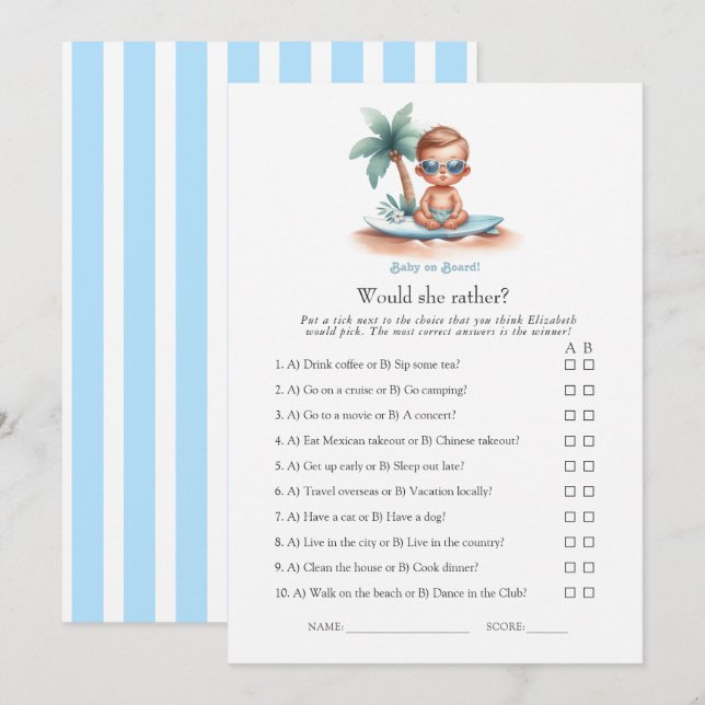 Invitation Préfèrerait-Elle Bébé à Bord Jeu de Baby Shower (Devant / Derrière)