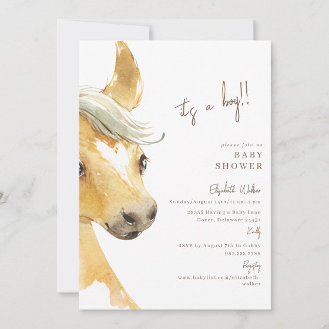 Invitation Preg-neigh-ent Horse C'est un garçon Baby shower I (Devant)