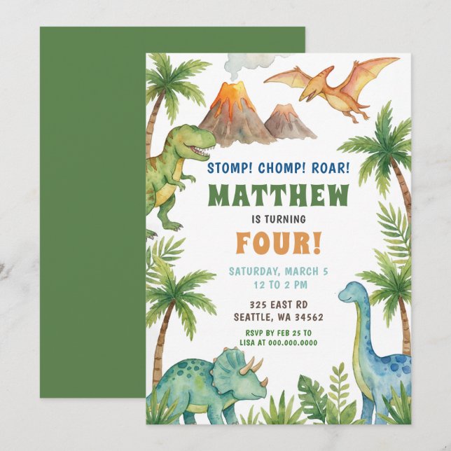Invitation Prehistoric Dinosaur Birthday Party (Devant / Derrière)