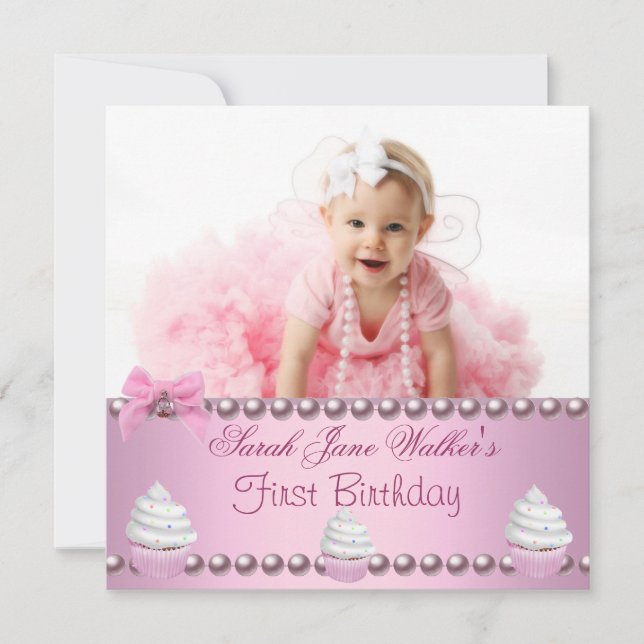 Invitation Premier 1er anniversaire fille Pink Pearls Baby (Devant)