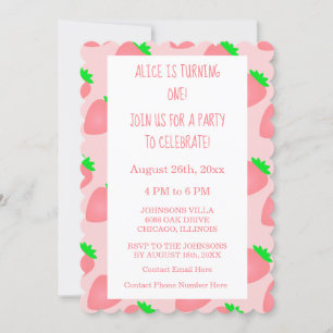 Invitation Premier 1er anniversaire fraise rose bébé fille mi