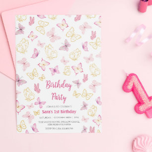 Invitation Premier 1er anniversaire Papillon aquarelle rose