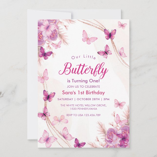 Invitation Premier 1er anniversaire Purple Floral Papillons F (Devant)