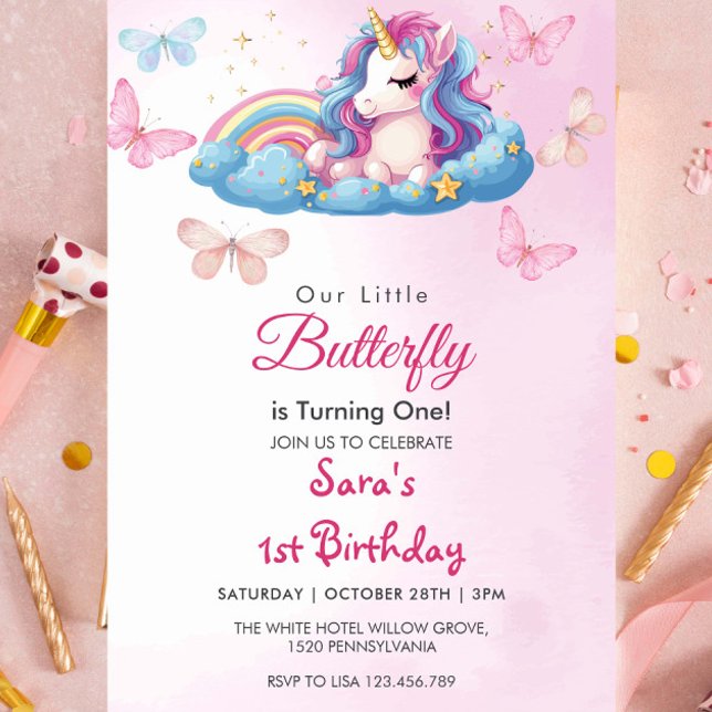 Invitation Premier 1er anniversaire Unicorn Papillon rose (Créateur téléchargé)