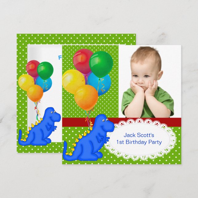 Invitation Premier anniversaire 1er dinosaure vert bleu garço (Devant / Derrière)
