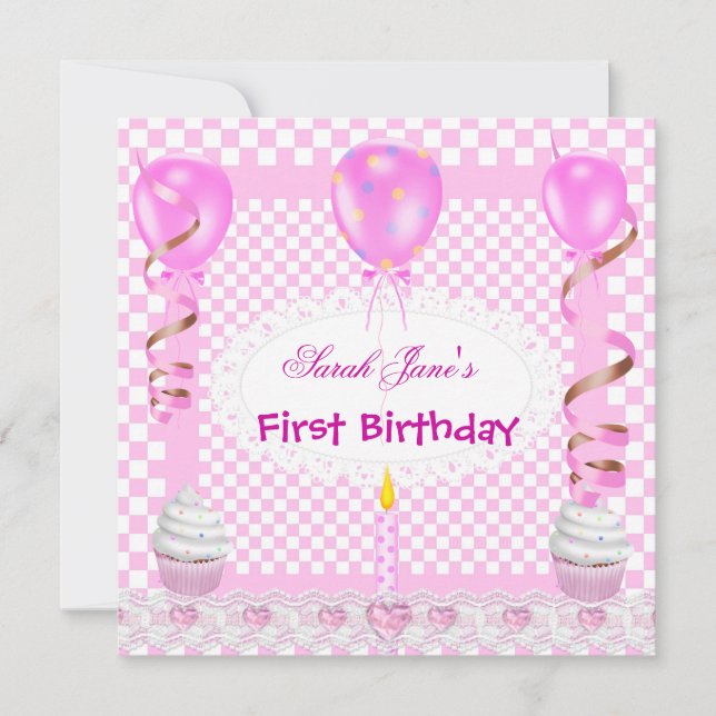 Invitation Premier Anniversaire 1ère Fille Ballons Rose Cupca