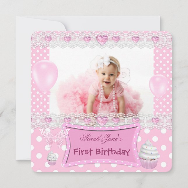 Invitation Premier Anniversaire 1ère Fille Bébé Rose Points P (Devant)