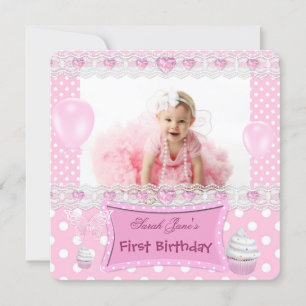 Invitation Premier Anniversaire 1ère Fille Bébé Rose Points P