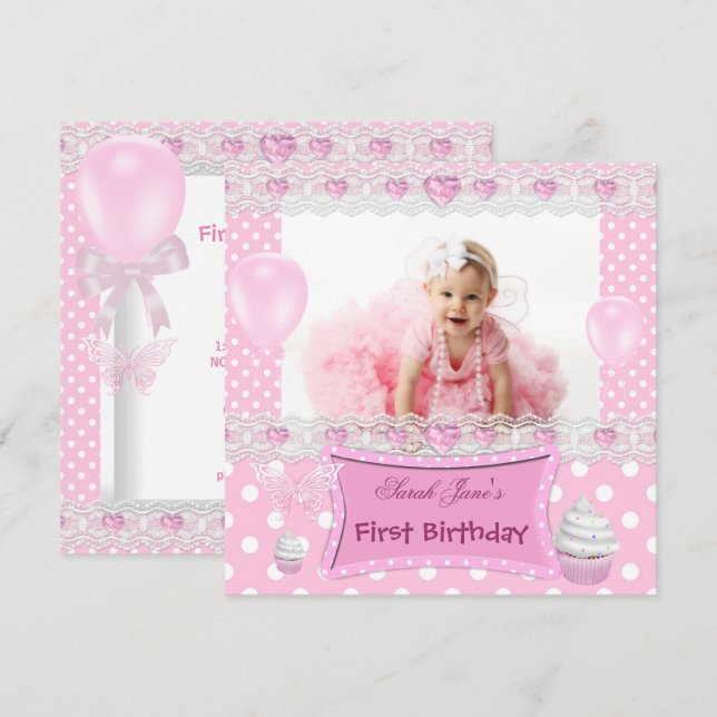 Invitation Premier Anniversaire 1ère Fille Bébé Rose Points P (Devant / Derrière)