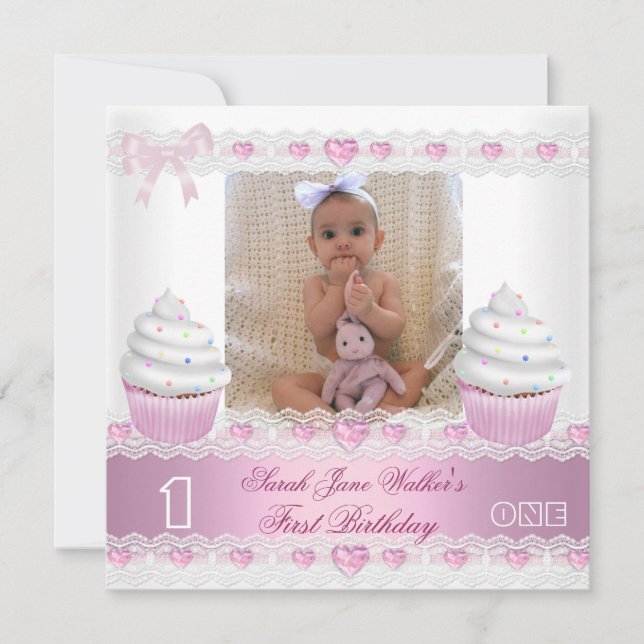 Invitation Premier Anniversaire 1ère Fille Blanc Gâteau Cupca (Devant)