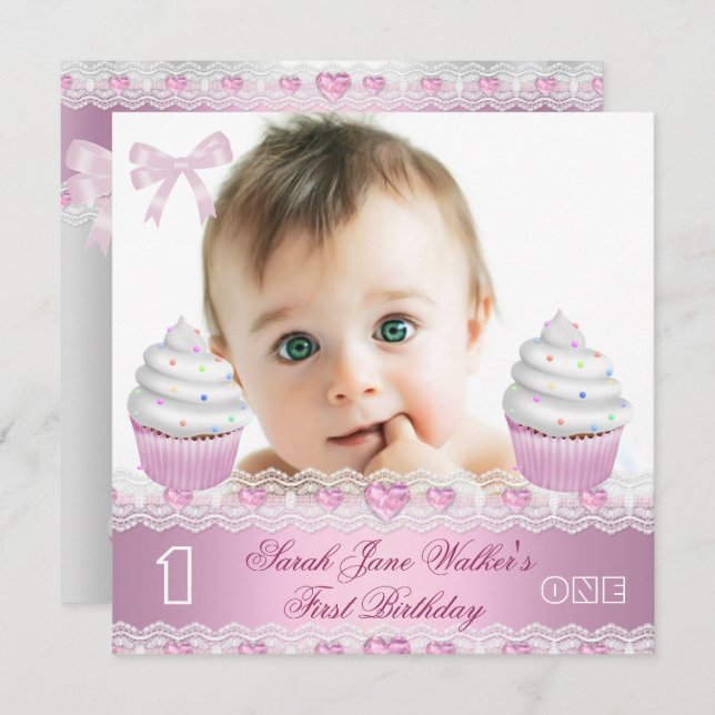 Invitation Premier anniversaire 1ère fille Cupcake blanc rose (Devant / Derrière)