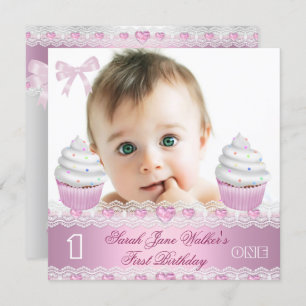 Invitation Premier anniversaire 1ère fille Cupcake blanc rose