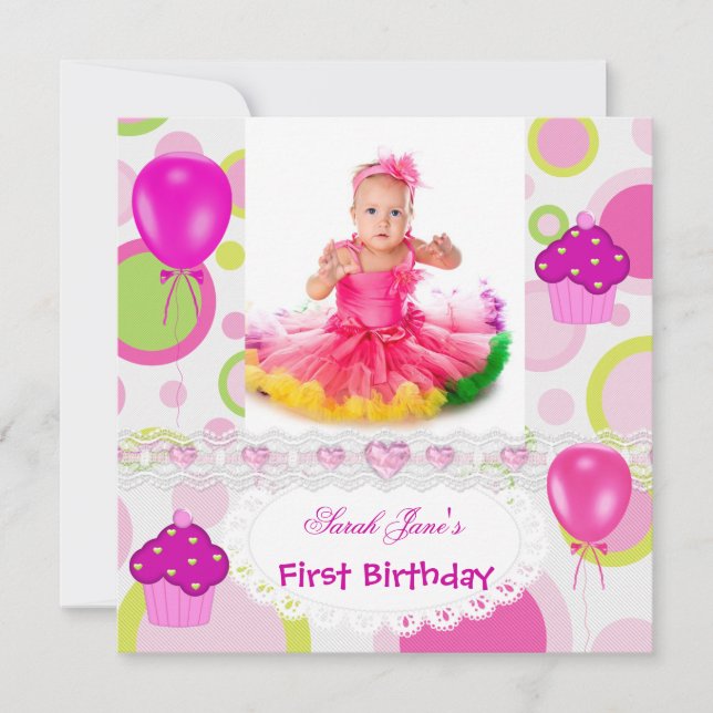 Invitation Premier anniversaire 1ère fille Cupcakes Pink Ball (Devant)