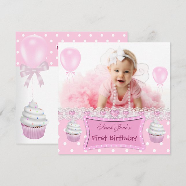 Invitation Premier Anniversaire 1ère Fille Cupcakes Roses Béb (Devant / Derrière)