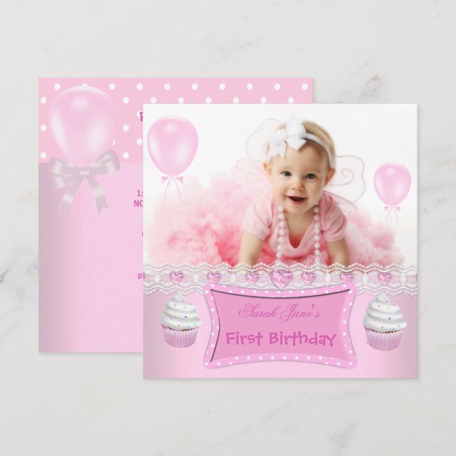 Invitation Premier Anniversaire 1ère Fille Cupcakes Roses Béb (Devant / Derrière)
