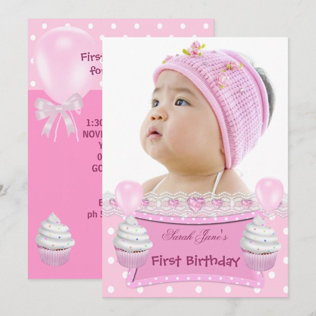 Invitation Premier Anniversaire 1ère Fille Cupcakes Roses Béb (Devant / Derrière)