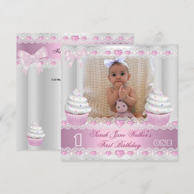 Invitation Premier Anniversaire 1ère Fille Gâteau Blanc Rose  (Devant / Derrière)