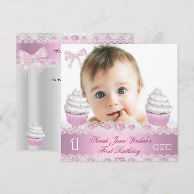 Invitation Premier Anniversaire 1ère Fille Gâteau Cupcake Bla (Devant / Derrière)