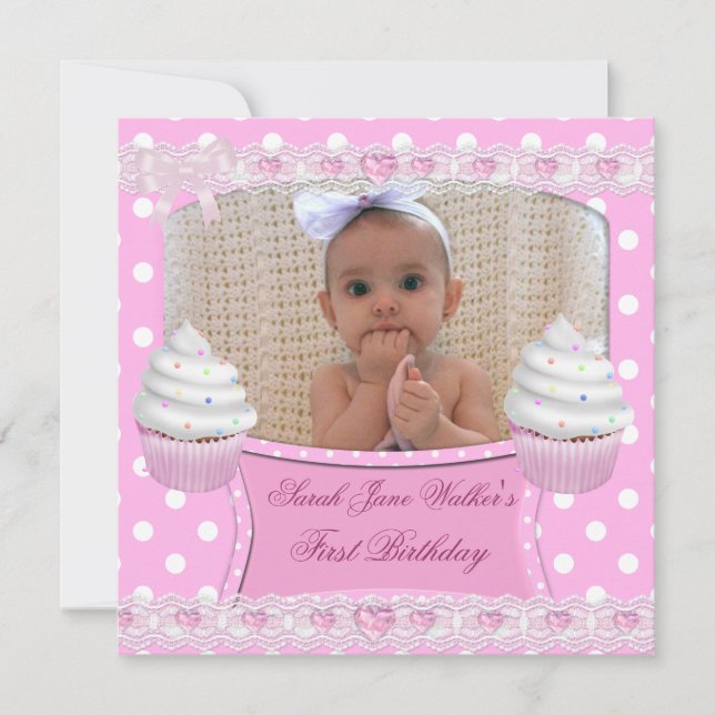 Invitation Premier Anniversaire 1ère Fille Gâteaux Blancs Ros (Devant)