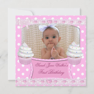 Invitation Premier Anniversaire 1ère Fille Gâteaux Blancs Ros