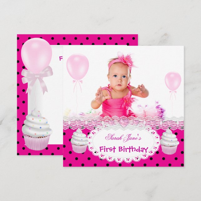 Invitation Premier Anniversaire 1ère Fille Gâteaux Chaud Rose (Devant / Derrière)