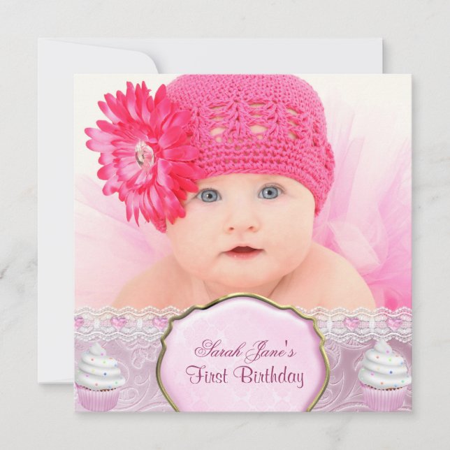 Invitation Premier Anniversaire 1ère Fille Jolies Cupcakes Ro (Devant)