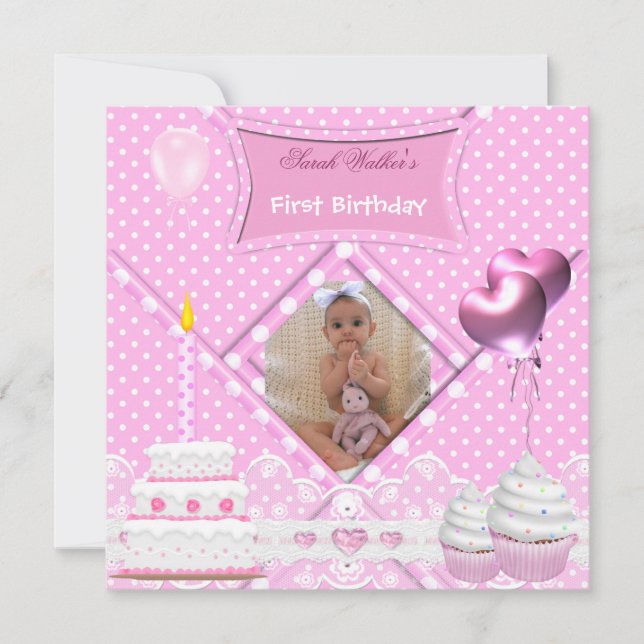 Invitation Premier Anniversaire 1ère Fille Tache Rose Gâteau  (Devant)