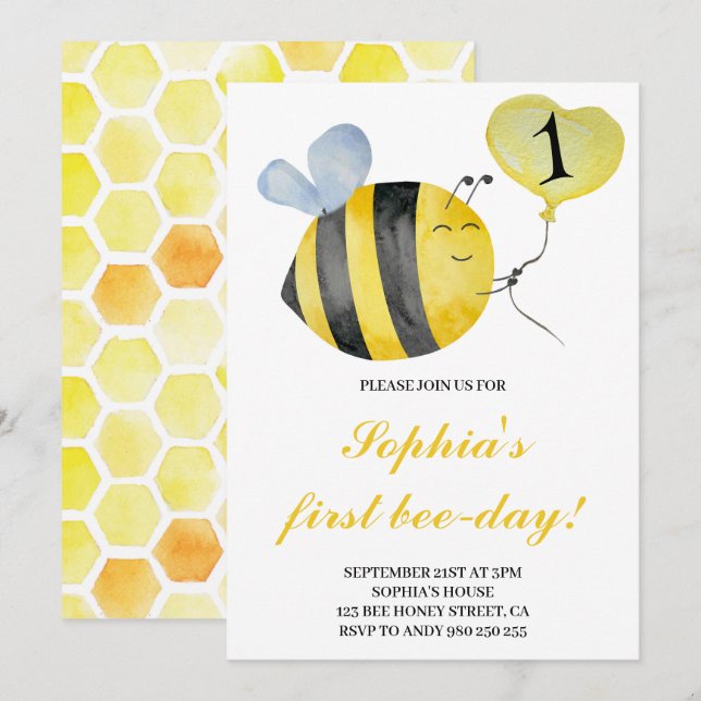 Invitation Premier anniversaire abeille miel abeille (Devant / Derrière)