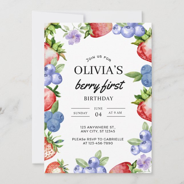 Invitation Premier Anniversaire Aquarelle Fraise M (Devant)