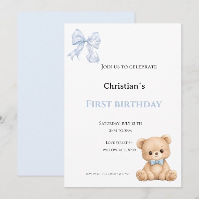Invitation Premier anniversaire bébé garçon (Devant / Derrière)