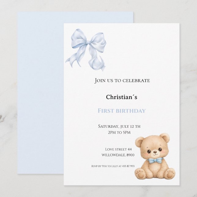 Invitation Premier anniversaire bébé garçon (Devant / Derrière)