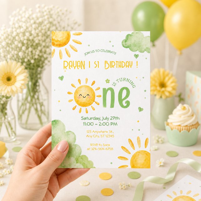 Invitation Premier Anniversaire Bébé Garçon Vert Bohème Ensol (Créateur téléchargé)