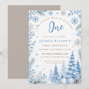 Invitation Premier anniversaire bleu glace flocon de neige On