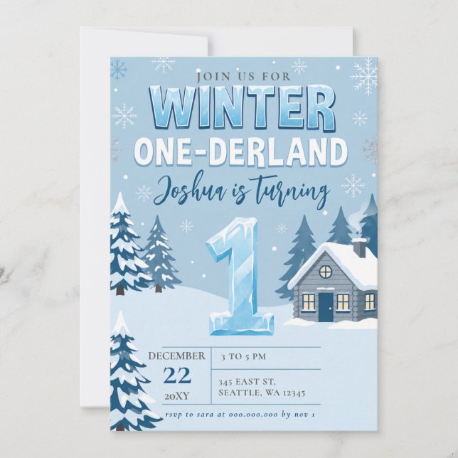 Invitation Premier anniversaire bleu glace flocon de neige On (Devant)