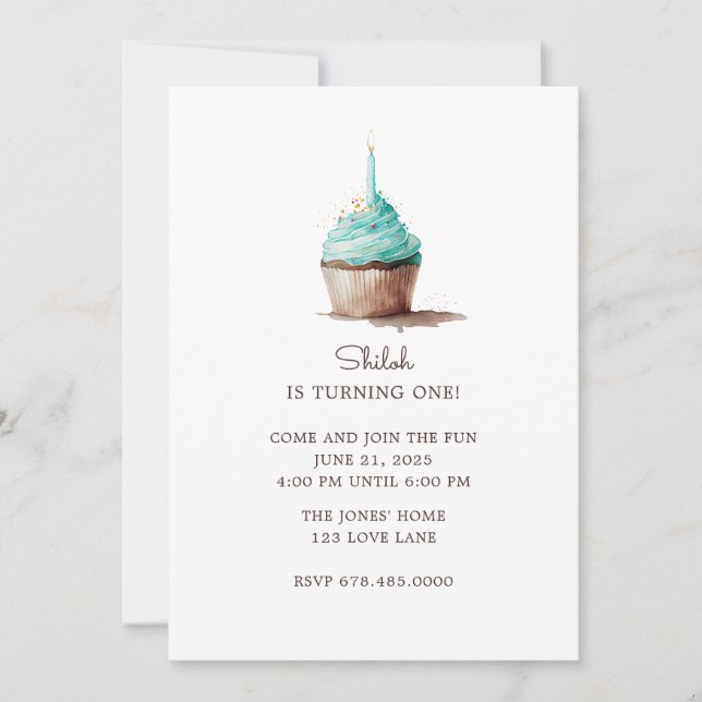 Invitation Premier anniversaire Blue Green Cupcake (Devant)